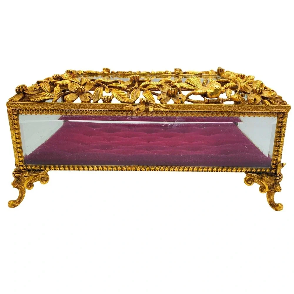 Matson Ormolu Jewelry Dogwood Casket Box Dresser Vanity Case Gilt Footed Trinket